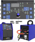 Control panel and body of 5 In 1 Aluminum TIG Welder With AC DC Pulse Inverter, MMA Cutting Capabilities, Remote Pedal Control, Semi Automatic Without Gas, Large LED Digital Display.