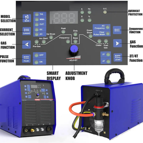 Control panel and body of 5 In 1 Aluminum TIG Welder With AC DC Pulse Inverter, MMA Cutting Capabilities, Remote Pedal Control, Semi Automatic Without Gas, Large LED Digital Display.