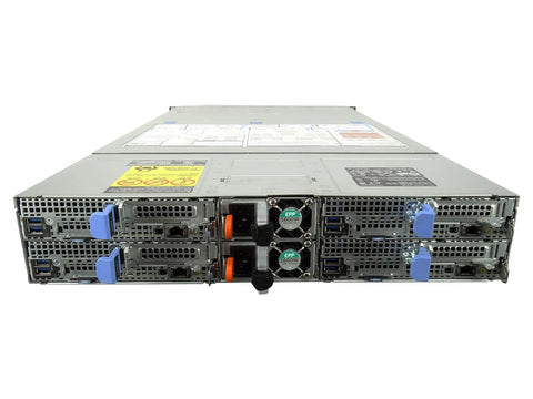 PowerEdge C6420 Four Node Server Cluster With Eight Xeon Gold Sixteen Core CPUs And Four TB DDR4 RAM, Dual Ten Gigabit SFP Plus Links Per Unit, Twenty Four Hot Swap Trays, Rack Rails, Sweet Knockout Rig For Dead Serious Home Lab Builders, rear view showing connections.