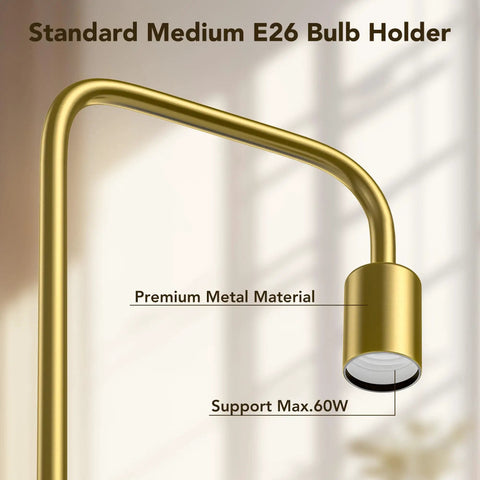 Close-up of brushed gold E26 socket on industrial floor lamp. Industrial Floor Lamp With Light Bulb Included, Tall Metal Standing Light In Brushed Gold, Modern LED Living Room Lamp For Home Decor, Bedroom, Reading, And Office, E26 Socket, Foot Switch, Energy Saving, Flicker Free.