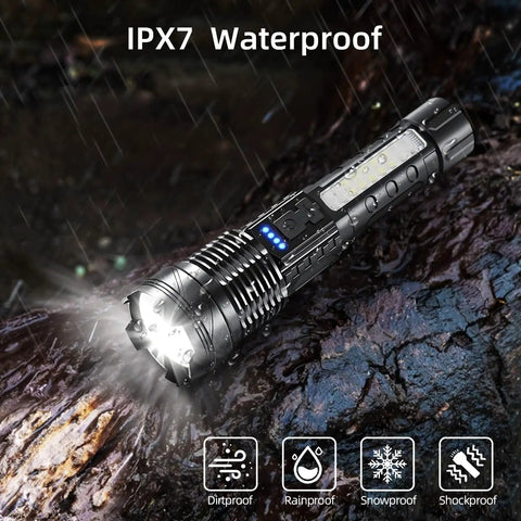 2 Pack LED Rechargeable Flashlights With 90,000 Lumens Of Beast Brightness, Tactical Handheld Torch shown in rain demonstrating IPX6 waterproof capability.