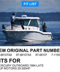 Boat on water with fishermen, promoted as fit for Mercury outboard motors 30-300HP, part numbers shown, focus on compatibility list.