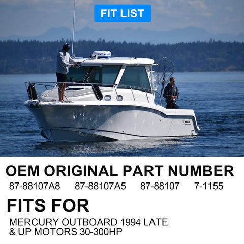 Boat on water with fishermen, promoted as fit for Mercury outboard motors 30-300HP, part numbers shown, focus on compatibility list.