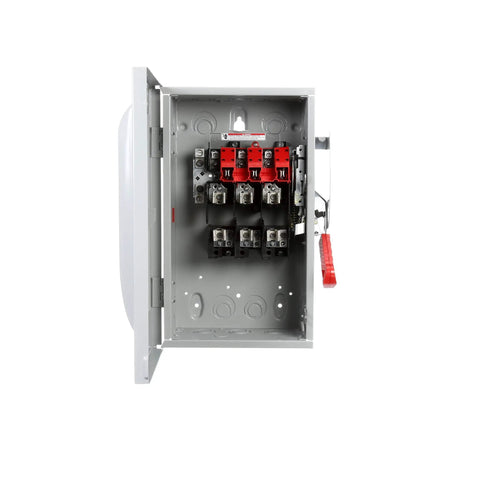 Interior view of Beefy 60 Amp 3 Pole 240 Volt 4 Wire Fused Heavy Duty Safety Switch With Type 1 Quick Make Quick Break Mechanism
