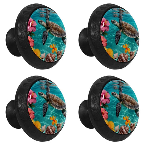 Top Notch Crystal Glass Cabinet Knobs And Drawer Pulls Boasting Sea Turtle Floral Style Super Durable For Kitchen Cupboards Dressers And Wardrobes Straight Fire Home Upgrade 4 Pack displayed in close-up with tropical colors.