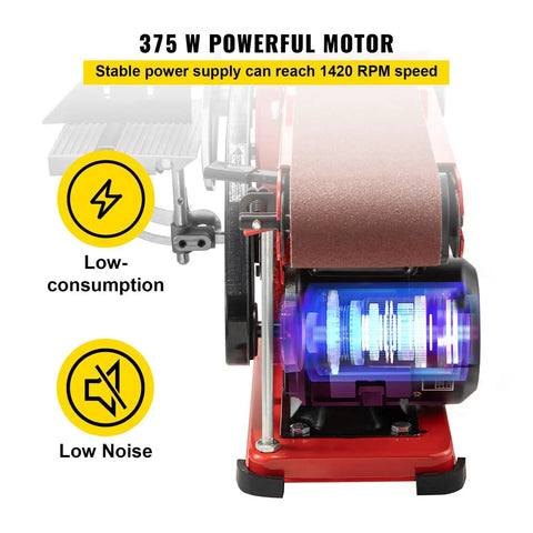 Heavy Duty 375W Bench Belt And Disc Sander Combo For Woodworking Projects highlighting the 375W motor and sanding belt.