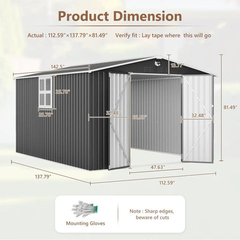 Outdoor Metal Storage Shed Black 10x12 Ft With Lockable Doors And Clear Window Waterproof Tool Storage Building