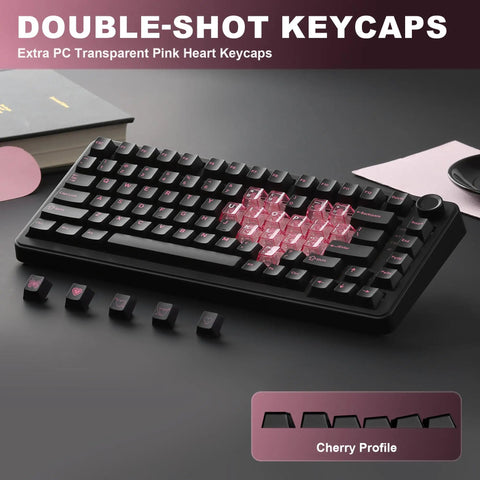 Pro Level 75 Percent Wireless Mechanical Keyboard Featuring Gasket Mount Design with transparent pink heart keycaps.