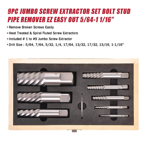 9 Piece Jumbo Screw Extractor Set For Removing Broken Screws Bolts Studs And Pipes Pro Grade Heavy Duty Durable Construction