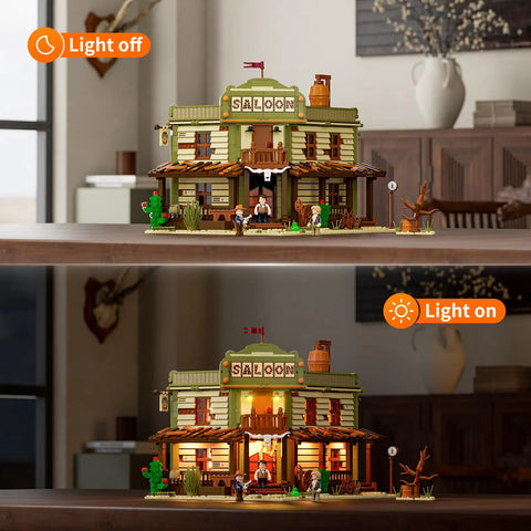 Old West Saloon LED Light Building Block Set With 2026 Pieces For Adults And Teens Western Themed Construction Model Kit To Build The Classic Bar Scene And Light It Up, lit saloon display