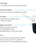2K Pan Tilt Outdoor WiFi Security Camera For Home Or Business With 360 Degree View featuring color night vision and warning lights.