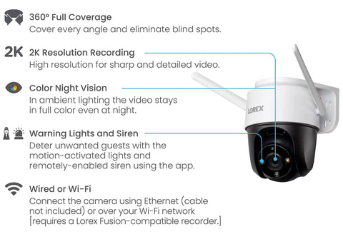 2K Pan Tilt Outdoor WiFi Security Camera For Home Or Business With 360 Degree View featuring color night vision and warning lights.
