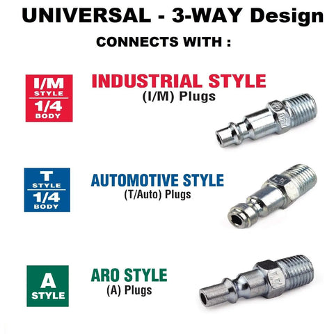 Universal 3-way design showing Industrial, Automotive, and ARO style plugs for 1/4 Inch 6 Ball Brass Female Universal Coupler Contractor Pack 10 Piece Set Built Tough With Solid Brass Construction Nitrile Seals For Extreme Temps Universal Interchange Across All 3 Industrial M Style Systems