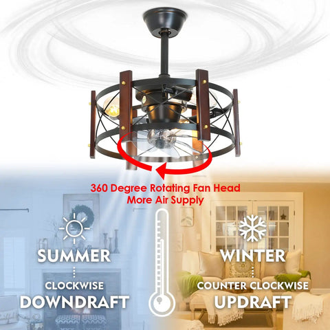 Enclosed Cage Ceiling Fan With Remote Control And Light, Rustic Farmhouse Flush Mount Fandelier For Dining Room, 360° Rotation