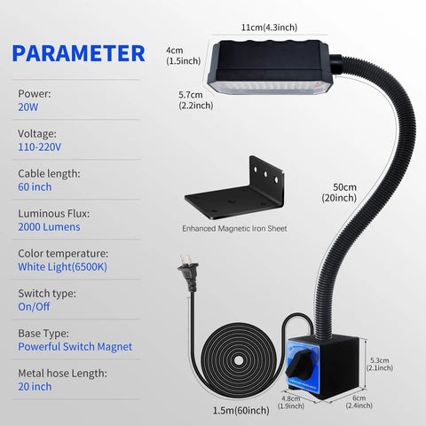 Diagram of Magnetic Work Light 2000 Lumens With 20 Inch Flexible Arm for Garage and Shop, includes base dimensions and power cord.