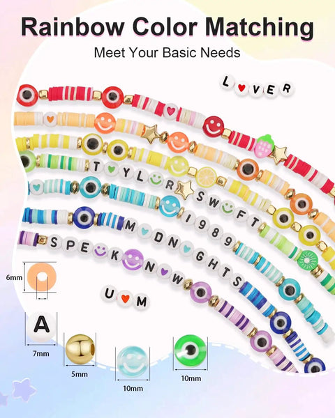 Beginner Friendly Friendship Bracelet Making Kit With 4800 Beads And 300 Charms showing colorful beaded strings and alphabet charms