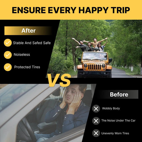 Comparison of happy group in Jeep vs. unhappy driver showcasing improved ride stability and noise reduction