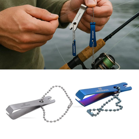 Stainless Steel Fishing Line Nipper Cutter With Keychain For Fly Fishing Dope Compact Tool For Precise Line Cutting And Hook Eye Cleaning And Corrosion Resistant Clip held next to fishing rod.