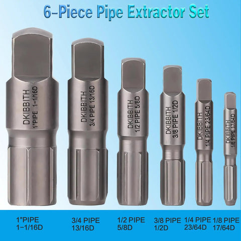 Six Piece Heavy Duty Pipe Extractor Set For Removing Damaged Threaded Pipes And Fittings From One Eighth Inch To One Inch on display