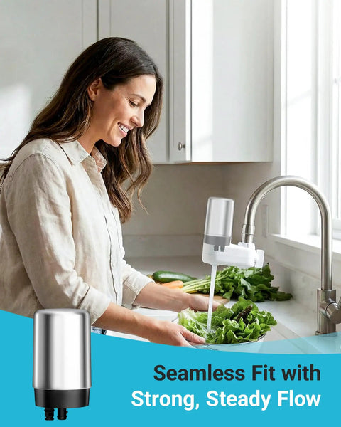 Replacement Faucet Water Filter For Brita On Tap Systems installed, woman washing vegetables, chrome finish, FR200 FF100 compatible.