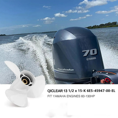 OEM Aluminum Outboard Boat Propeller For Yamaha 60-115 HP Engines 3 Blade Right Rotation 15 Spline 13.5 Pitch shown on motor