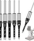 Six Piece Square Hole Drill Bit Set High Speed Steel Mortising Chisel Bits For Woodworking Pine Mdf Particle Board 1/4 To 9/16 Inches, displayed at an angle, showing precise edges and U-groove design.