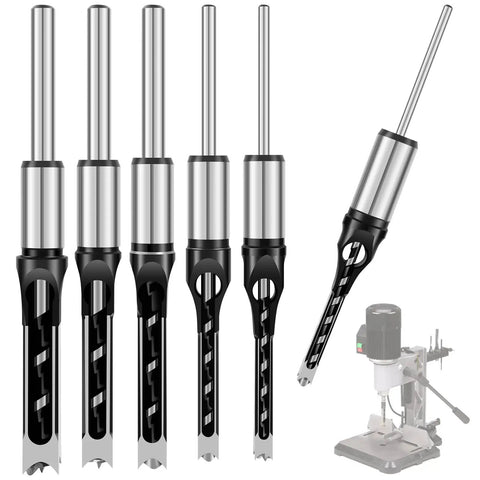 Six Piece Square Hole Drill Bit Set High Speed Steel Mortising Chisel Bits For Woodworking Pine Mdf Particle Board 1/4 To 9/16 Inches, displayed at an angle, showing precise edges and U-groove design.