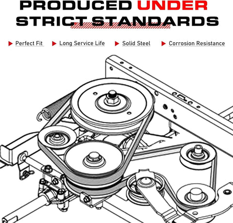 Line drawing of a flat idler pulley assembly for lawn mower belt drive with multiple pulleys