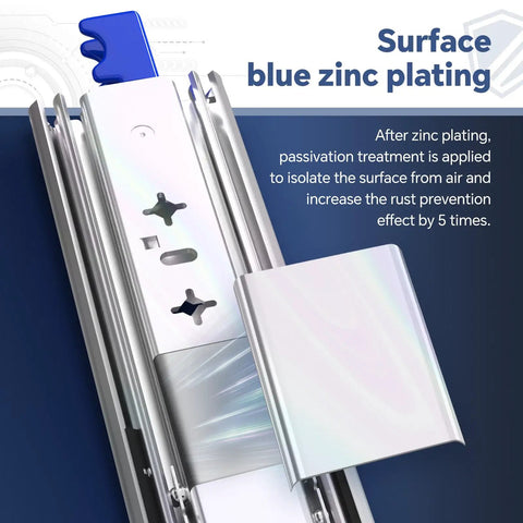 Close-up of Beefy Heavy Duty Drawer Slides With Lock 14 Inch Full Extension Ball Bearing Rails, blue zinc plating, tool cabinets