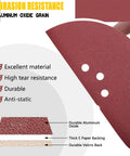 Nine Inch 10 Hole Hook And Loop Sanding Discs Set showing alumina particles and durability features