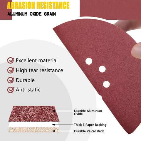 Nine Inch 10 Hole Hook And Loop Sanding Discs Set showing alumina particles and durability features