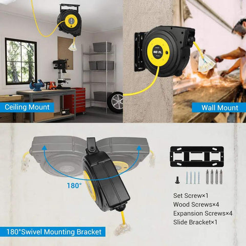 40 Ft Retractable Extension Cord Reel With A Heavy Duty SJTOW Cable Triple Outlets And 15A Breaker Wall Or Ceiling Mount
