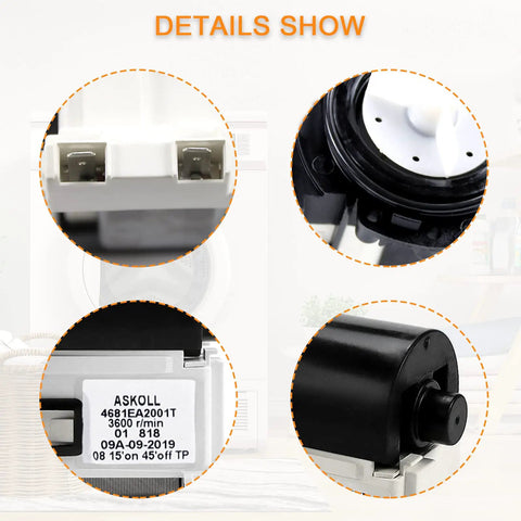 Detailed close-up of OEM Washer Drain Pump Motor For Front Load Washing Machines Replaces 4681EA2001T components and label