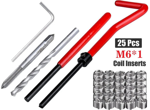 Front view of 25-piece M6x1 stainless steel coil insert kit with red insertion tool, drill bit and hex key.