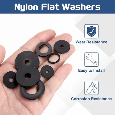 Rock Solid Nylon Flat Washers M6 6mm X 20mm X 1mm Thick Black Plastic Screw And Bolt Spacers displayed in hand.