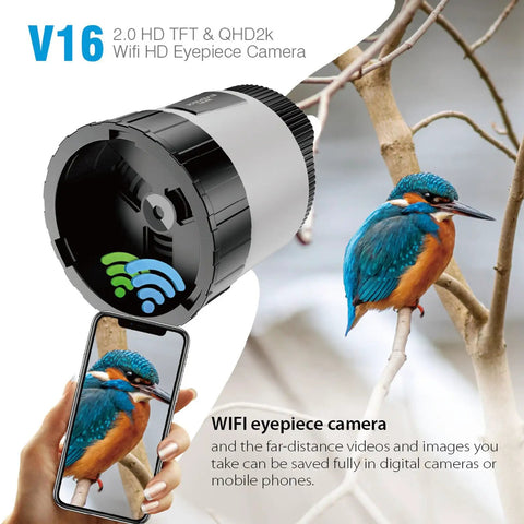 2K WiFi Telescope Camera Eyepiece with screen capturing bird on branch viewed on smartphone screen