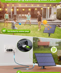 Family playing in backyard under 48Ft Solar Powered Outdoor String Lights With Remote Waterproof Dimmable Patio Lighting.