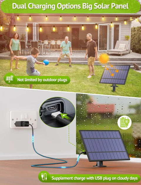 Family playing in backyard under 48Ft Solar Powered Outdoor String Lights With Remote Waterproof Dimmable Patio Lighting.
