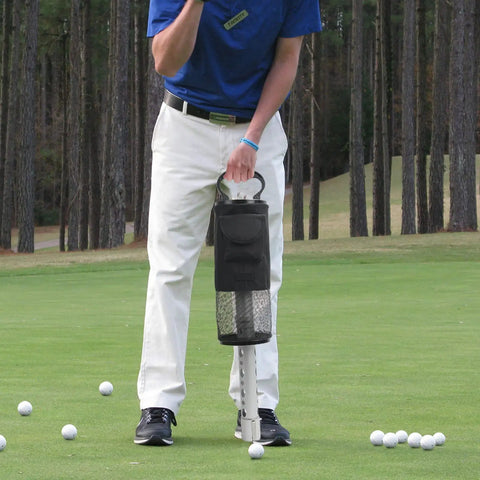 Golfer using Shag Bag For Golf Balls With Detachable Aluminum Tube, Durable Aluminum Build, on practice green