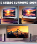 Powerful 100W Sound Bar You Can Split Into Two Towers For Real Movie Night With Bluetooth 5.3 ARC Optical And AUX Detachable Two In One Home Theater Speaker setup showing different configurations in a stylish living room.