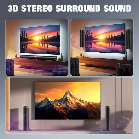 Powerful 100W Sound Bar You Can Split Into Two Towers For Real Movie Night With Bluetooth 5.3 ARC Optical And AUX Detachable Two In One Home Theater Speaker setup showing different configurations in a stylish living room.