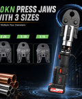 Hot 18V Cordless Electric Press Tool For Copper Pipes with 60kN force and three sizes of press jaws on display.