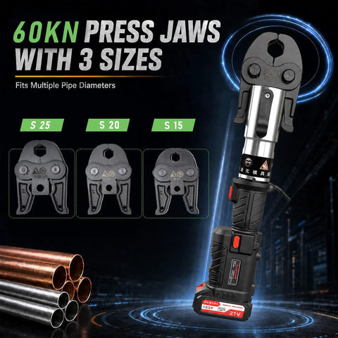 Hot 18V Cordless Electric Press Tool For Copper Pipes with 60kN force and three sizes of press jaws on display.