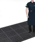 Chef standing on anti-fatigue drainage rubber floor mat roll 83 by 36 inch non slip heavy duty for kitchen bar restaurant wet areas with holes