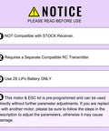 Sign detailing usage instructions for Beefed Up 4500KV Outrunner Brushless Motor And 25A ESC Combo with 11T Pinion Gear.
