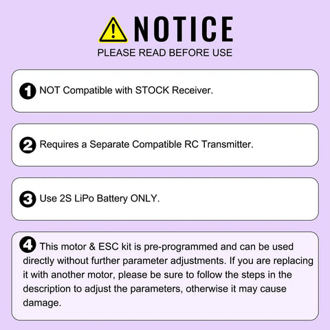 Sign detailing usage instructions for Beefed Up 4500KV Outrunner Brushless Motor And 25A ESC Combo with 11T Pinion Gear.