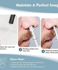 5 Piece 2 In 1 Nose Hair Cutter Set With Double Sided Trimmer Portable 360 Degree Rotating Manual Nasal Hair Groomer For Men And Women White Includes cleaning brush demonstration and usage steps.