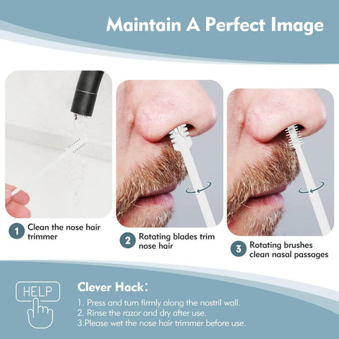5 Piece 2 In 1 Nose Hair Cutter Set With Double Sided Trimmer Portable 360 Degree Rotating Manual Nasal Hair Groomer For Men And Women White Includes cleaning brush demonstration and usage steps.