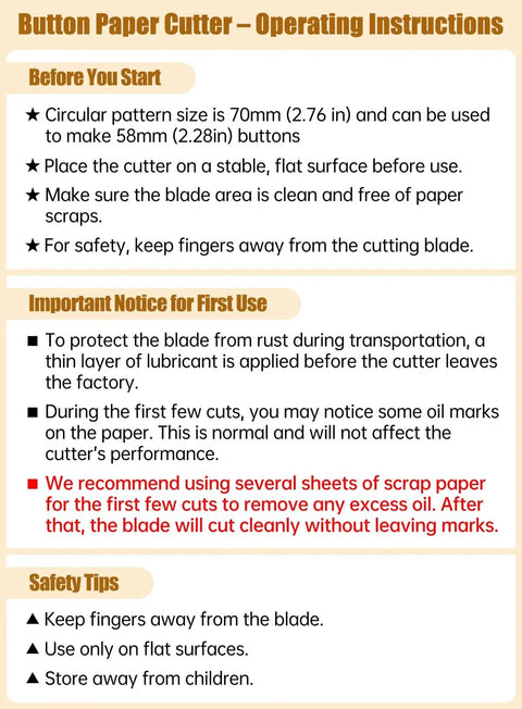 Button paper cutter operating instructions with safety guidelines and setup tips.