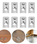 50 Pcs Premium M5 Cross Dowel Nuts Silver Carbon Steel Barrel Nut Connector Hardware displayed on wood and metal surfaces.